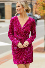 Pitaya Pink Velvet Sequin Long Sleeve V Neck Wrapped Mini Dress - MarkoFit