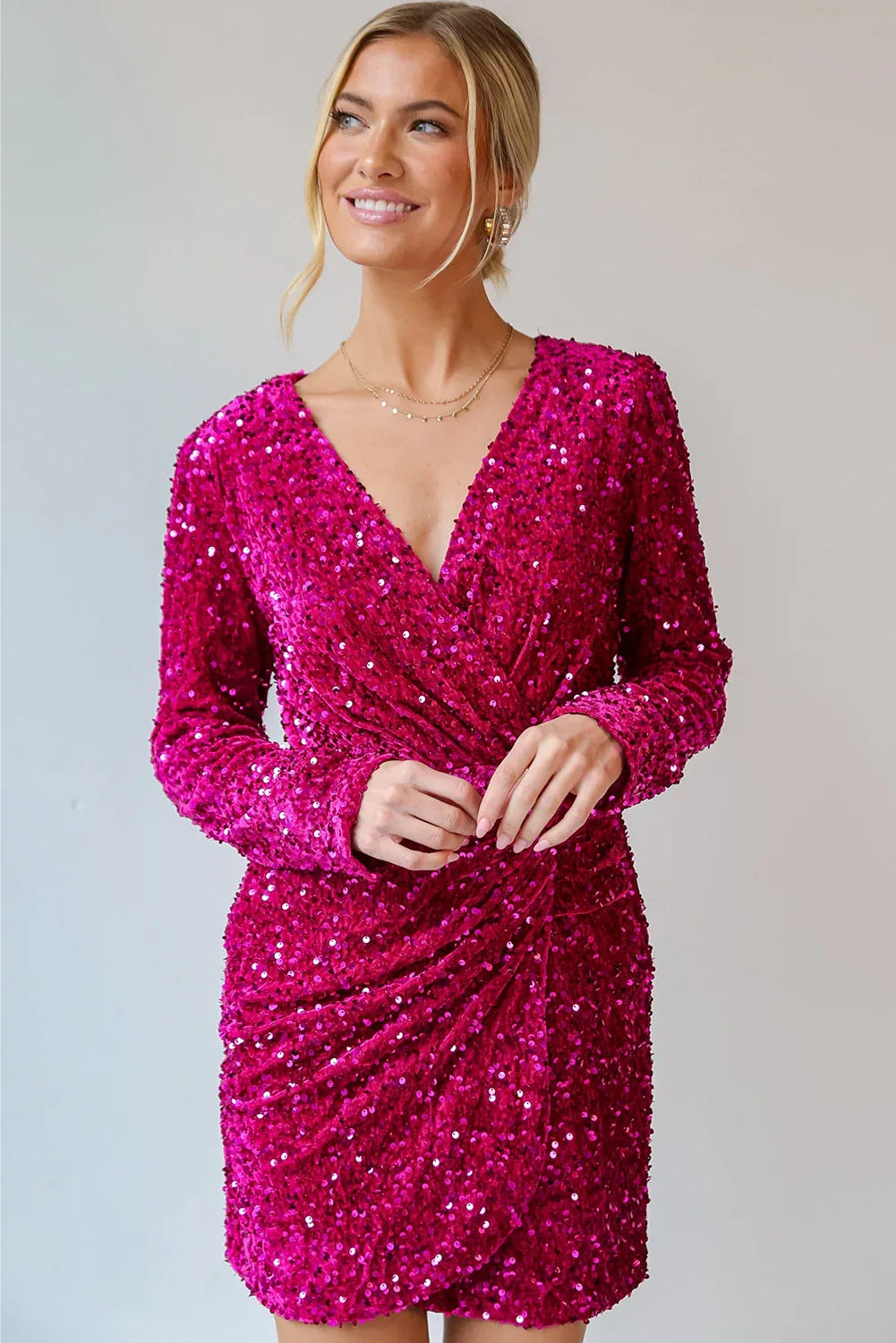 Pitaya Pink Velvet Sequin Long Sleeve V Neck Wrapped Mini Dress - MarkoFit