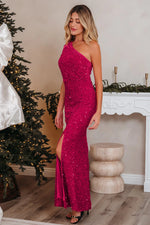 Pitaya Pink One Shoulder Thigh High Split Bodycon Sequin Gown - MarkoFit