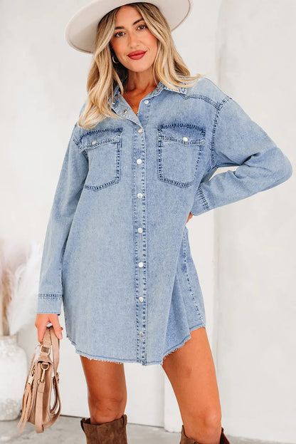 Beau Blue Chest Pocket Raw Hem Denim Loose Shirt Dress - MarkoFit
