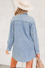 Beau Blue Chest Pocket Raw Hem Denim Loose Shirt Dress - MarkoFit