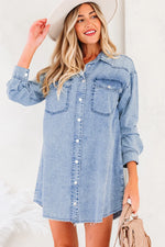 Beau Blue Chest Pocket Raw Hem Denim Loose Shirt Dress - MarkoFit