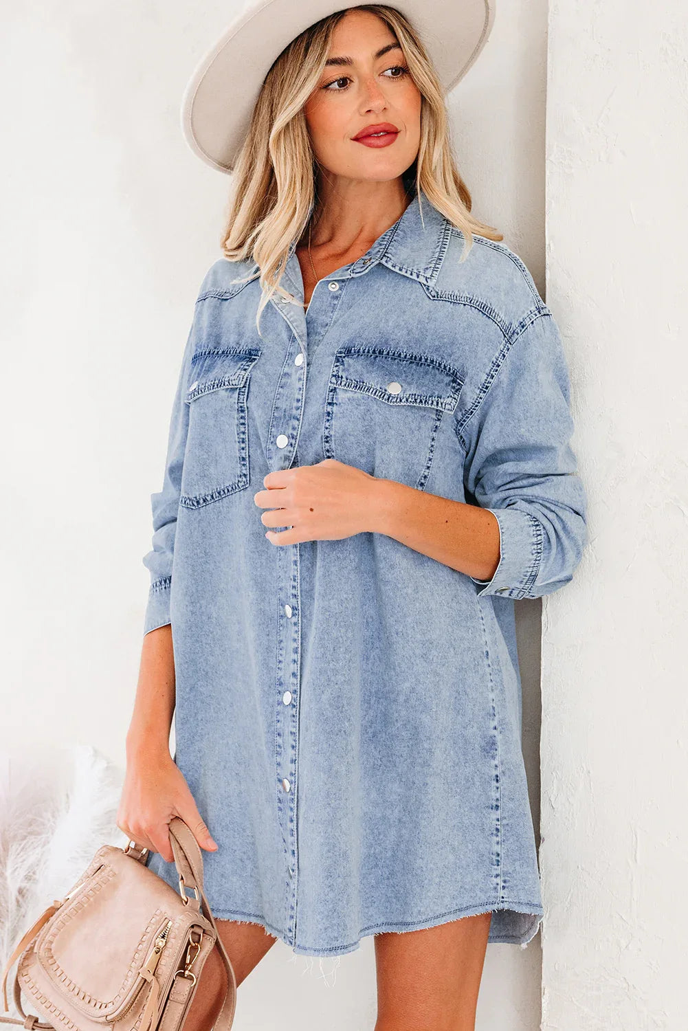 Beau Blue Chest Pocket Raw Hem Denim Loose Shirt Dress - MarkoFit