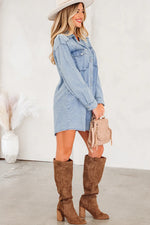 Beau Blue Chest Pocket Raw Hem Denim Loose Shirt Dress - MarkoFit
