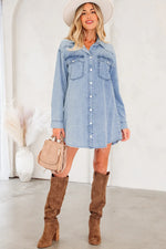 Beau Blue Chest Pocket Raw Hem Denim Loose Shirt Dress - MarkoFit