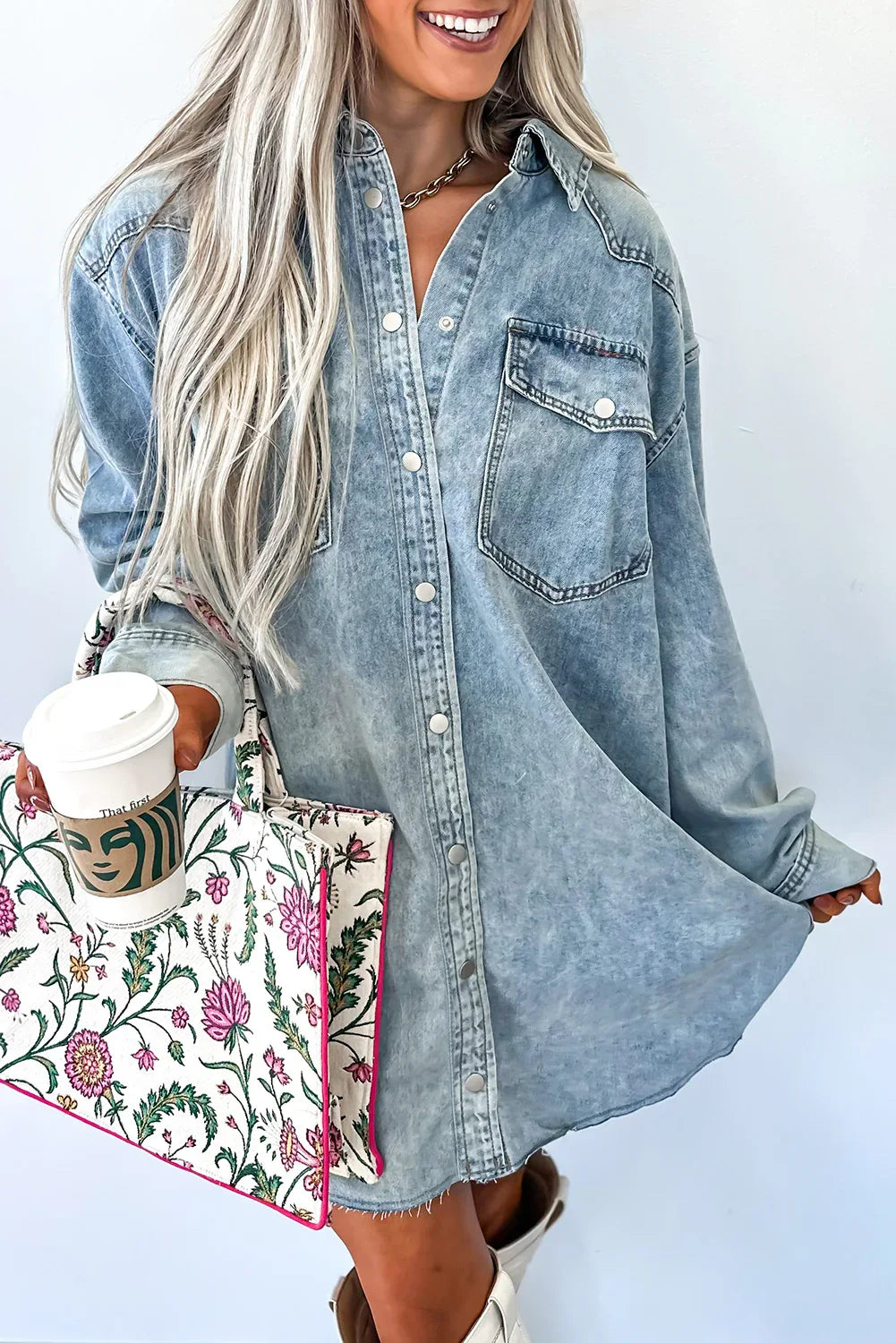 Beau Blue Chest Pocket Raw Hem Denim Loose Shirt Dress - MarkoFit