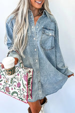 Beau Blue Chest Pocket Raw Hem Denim Loose Shirt Dress - MarkoFit