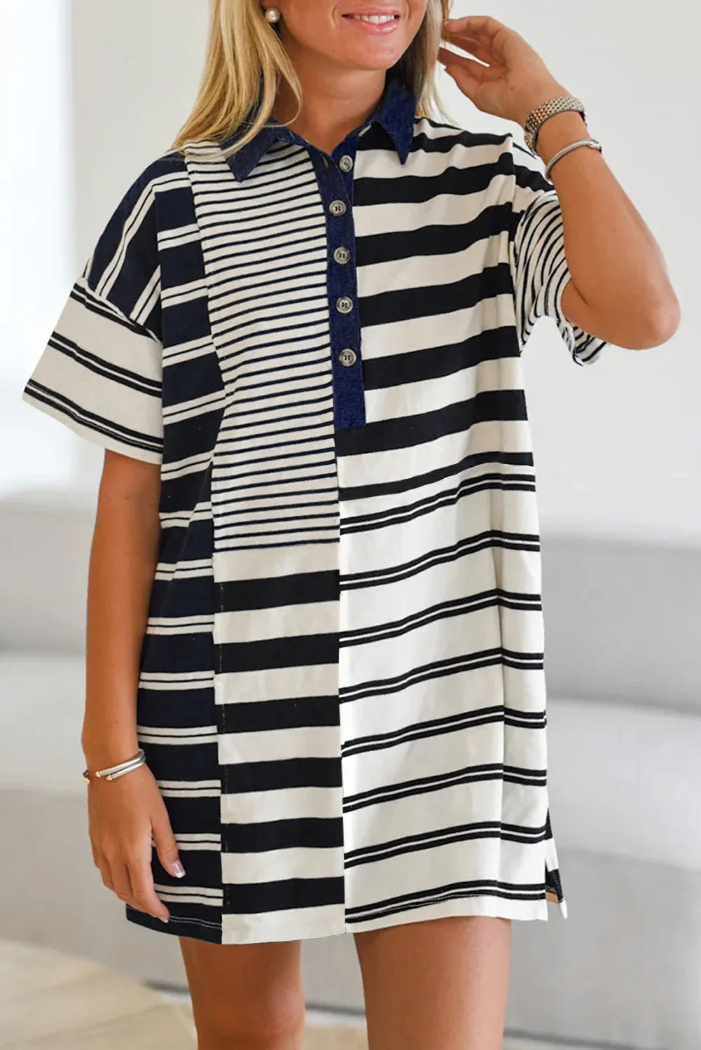 Black Stripe Half Placket Polo T Shirt Dress - MarkoFit