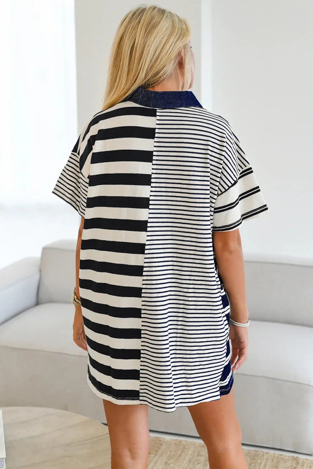 Black Stripe Half Placket Polo T Shirt Dress - MarkoFit