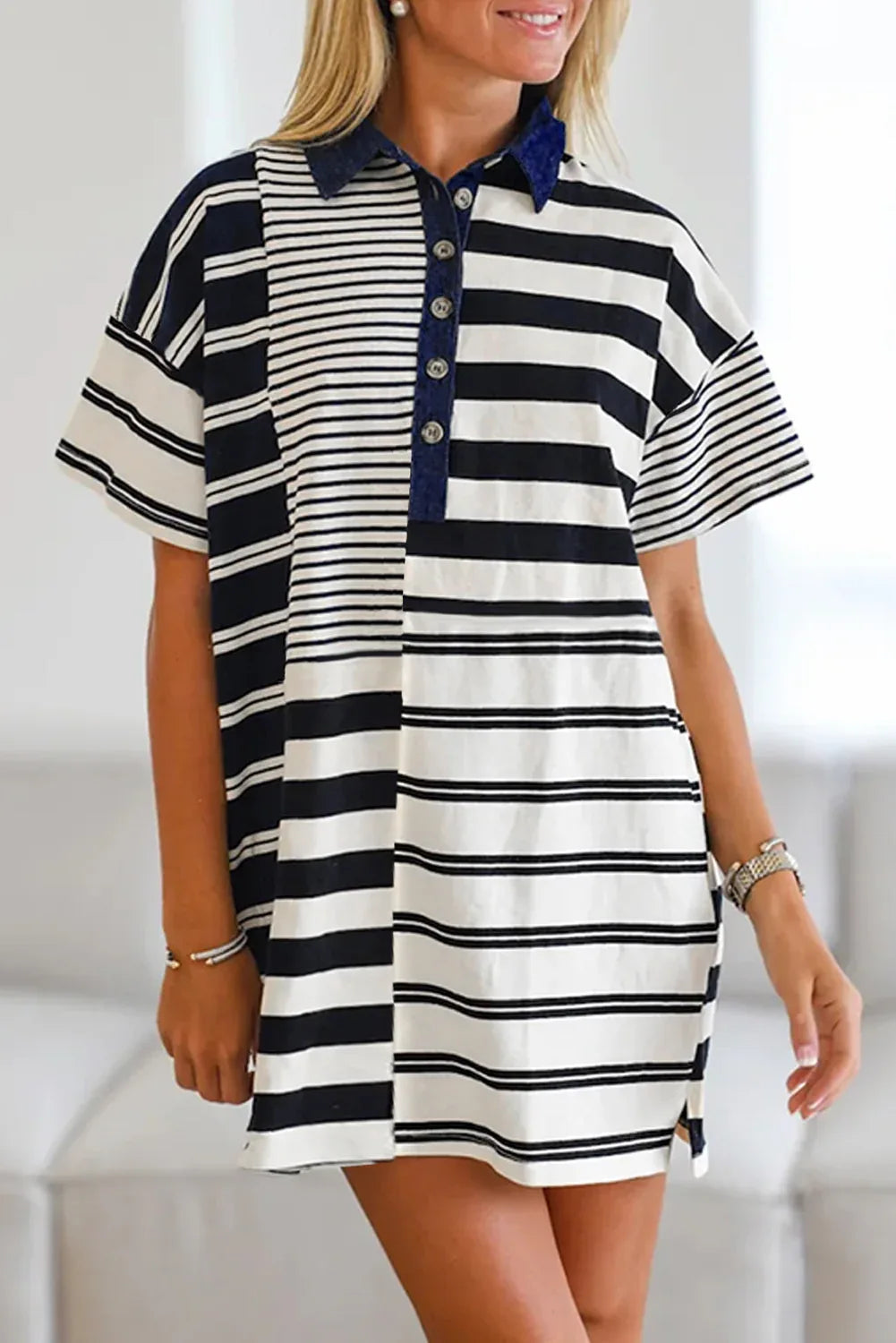 Black Stripe Half Placket Polo T Shirt Dress - MarkoFit