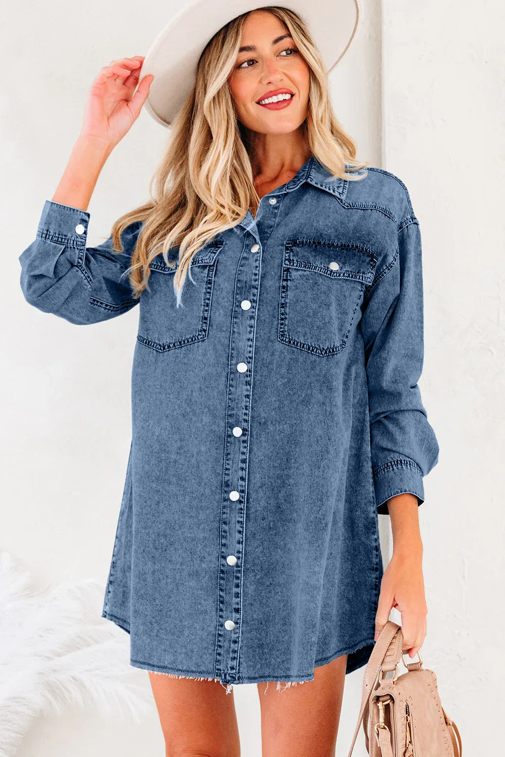 Blue Beau Chest Pocket Raw Hem Denim Loose Shirt Dress - MarkoFit
