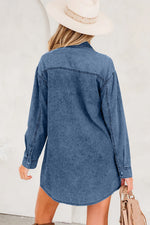 Blue Beau Chest Pocket Raw Hem Denim Loose Shirt Dress - MarkoFit
