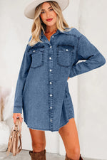 Blue Beau Chest Pocket Raw Hem Denim Loose Shirt Dress - MarkoFit