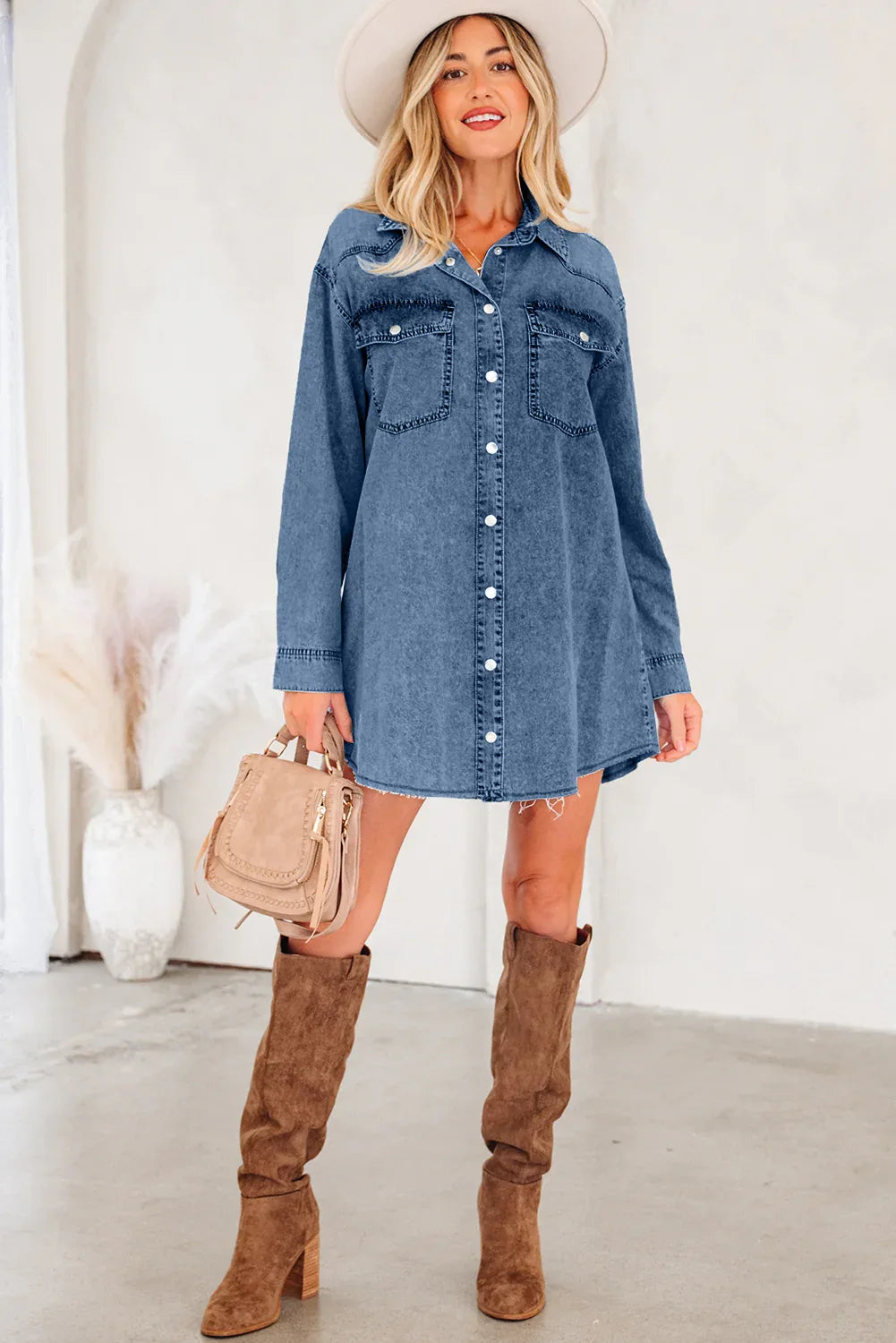 Blue Beau Chest Pocket Raw Hem Denim Loose Shirt Dress - MarkoFit