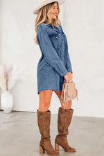 Blue Beau Chest Pocket Raw Hem Denim Loose Shirt Dress - MarkoFit