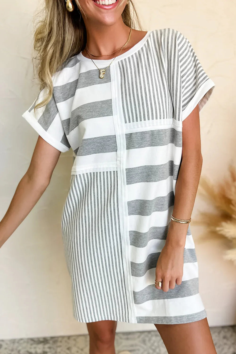 Gray Stripe Mixed Printed Short Sleeve Shift Mini T Shirt Dress - MarkoFit