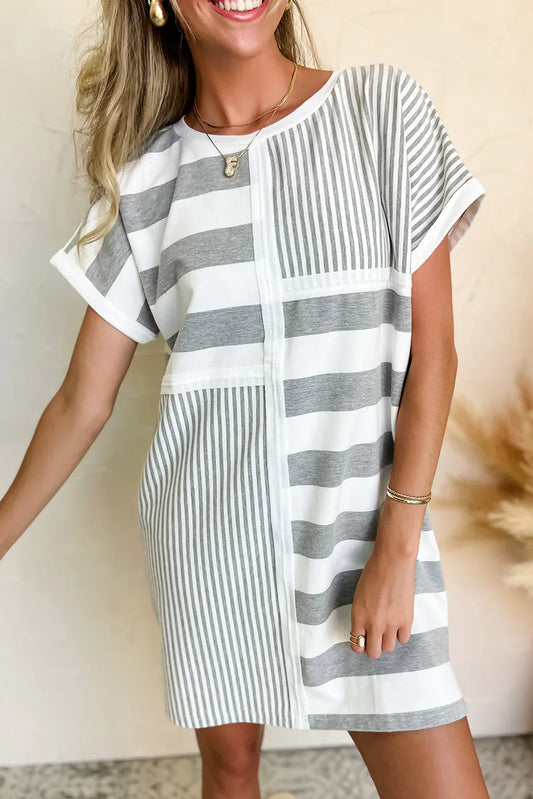 Gray Stripe Mixed Printed Short Sleeve Shift Mini T Shirt Dress - MarkoFit