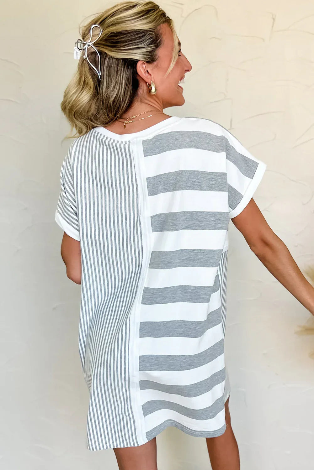 Gray Stripe Mixed Printed Short Sleeve Shift Mini T Shirt Dress - MarkoFit