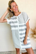 Gray Stripe Mixed Printed Short Sleeve Shift Mini T Shirt Dress - MarkoFit