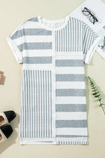 Gray Stripe Mixed Printed Short Sleeve Shift Mini T Shirt Dress - MarkoFit
