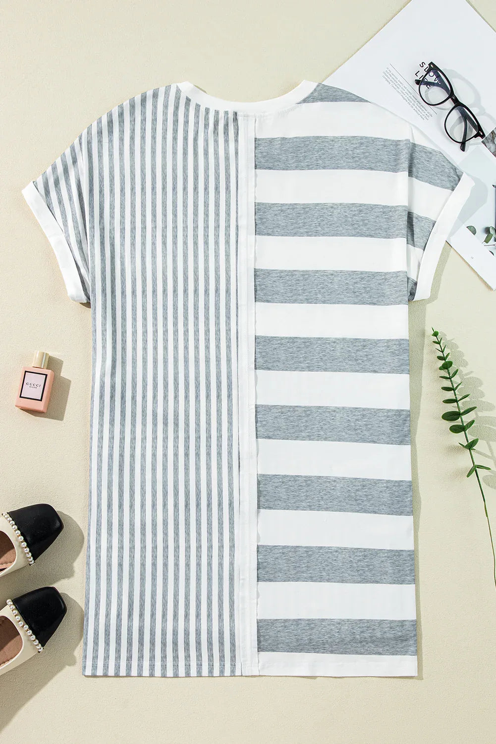 Gray Stripe Mixed Printed Short Sleeve Shift Mini T Shirt Dress - MarkoFit
