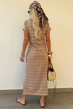 Khaki Stripe Casual Short Sleeve Side Slit Maxi T Shirt Dress - MarkoFit