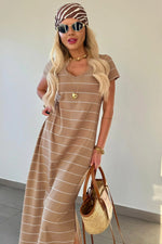 Khaki Stripe Casual Short Sleeve Side Slit Maxi T Shirt Dress - MarkoFit
