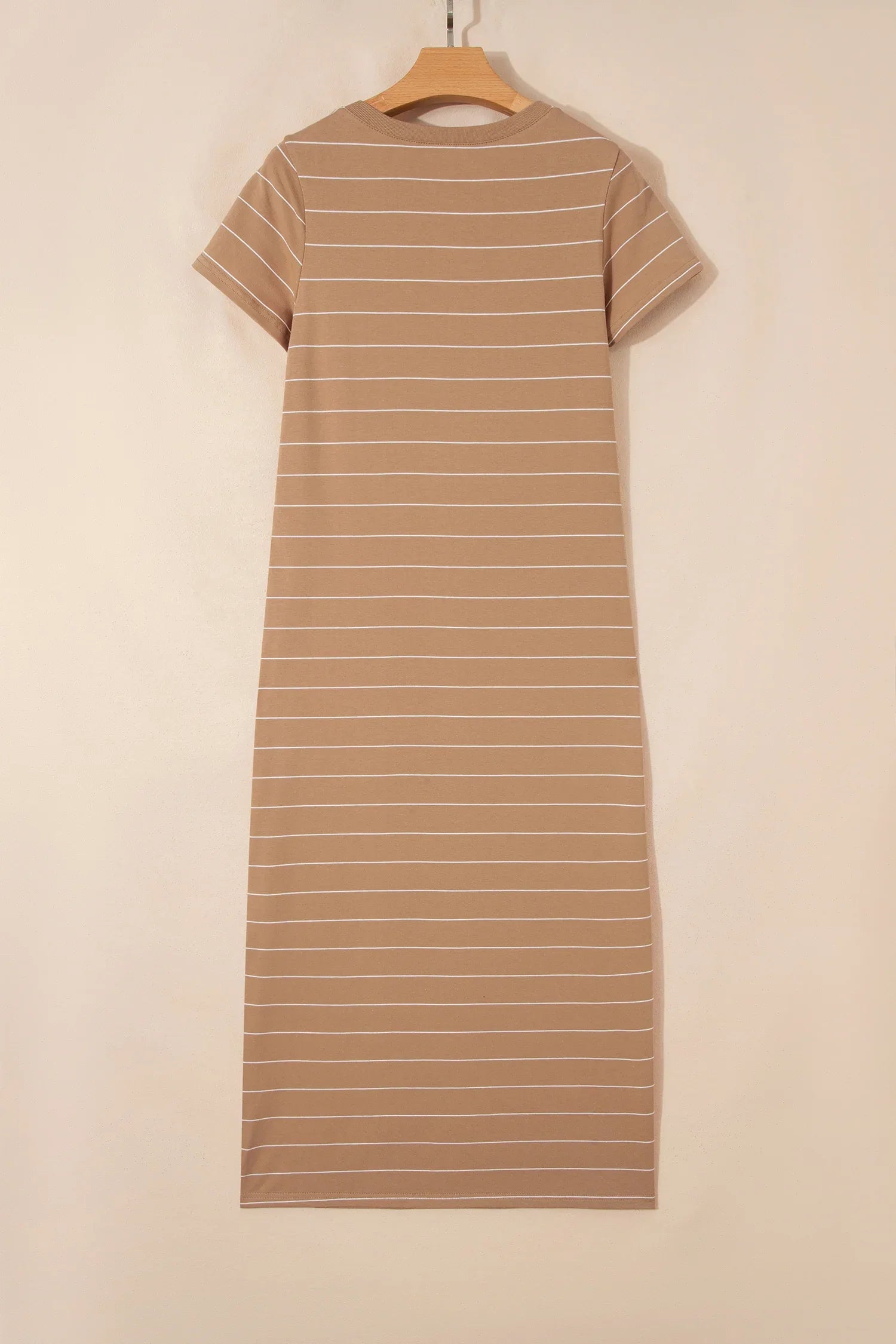 Khaki Stripe Casual Short Sleeve Side Slit Maxi T Shirt Dress - MarkoFit
