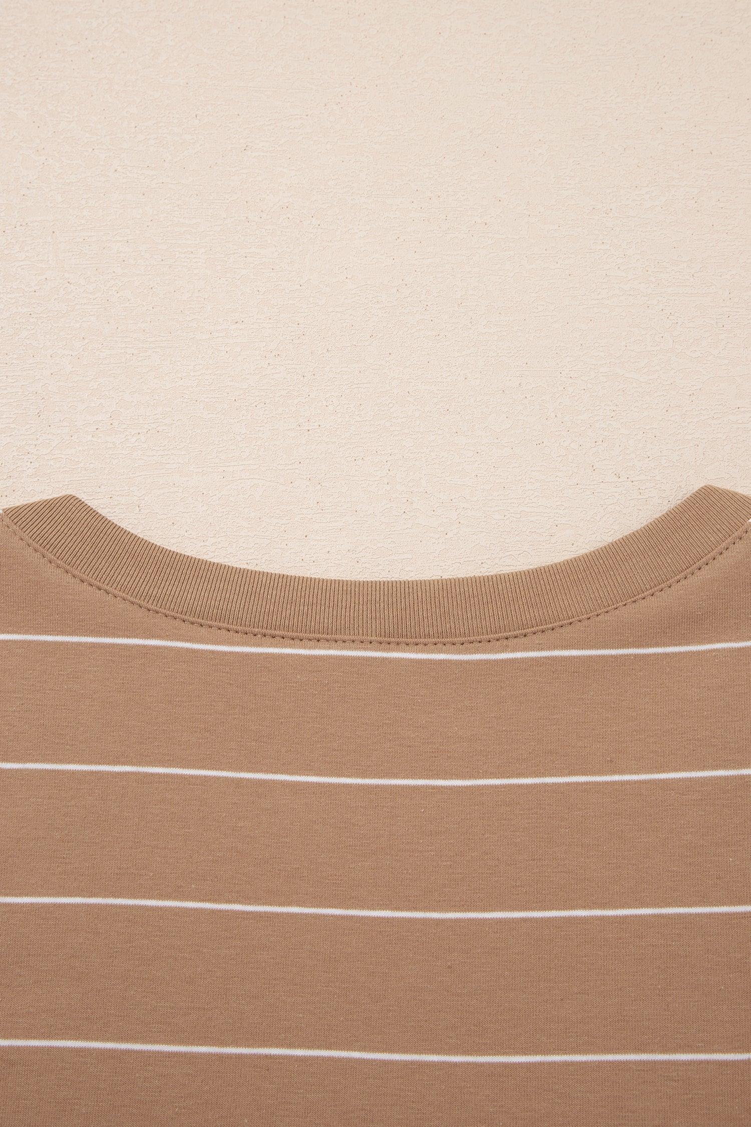 Khaki Stripe Casual Short Sleeve Side Slit Maxi T Shirt Dress - MarkoFit