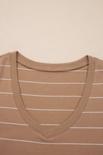 Khaki Stripe Casual Short Sleeve Side Slit Maxi T Shirt Dress - MarkoFit