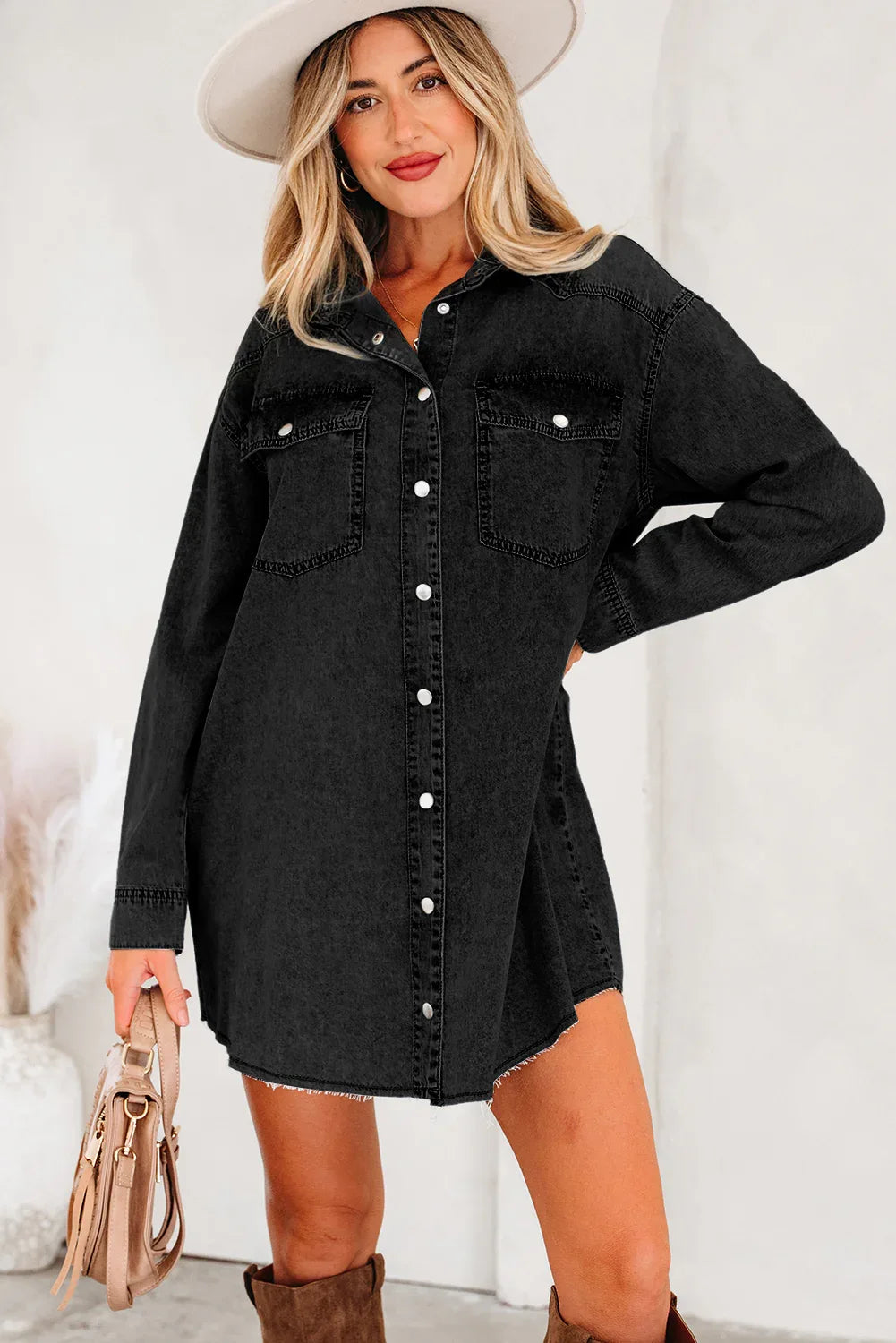 Medium Grey Beau Chest Pocket Raw Hem Denim Loose Shirt Dress - MarkoFit