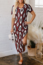 Red Western Aztec Printed Long T-shirt Dress - MarkoFit