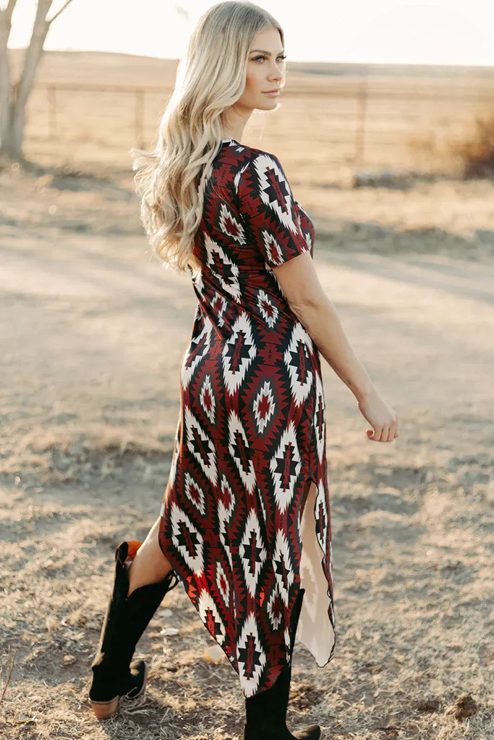 Red Western Aztec Printed Long T-shirt Dress - MarkoFit