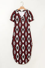 Red Western Aztec Printed Long T-shirt Dress - MarkoFit