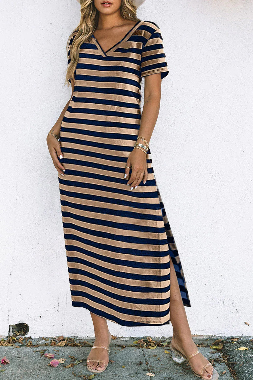 Black Stripe Print V Neck Maxi Dress with Side Splits - MarkoFit
