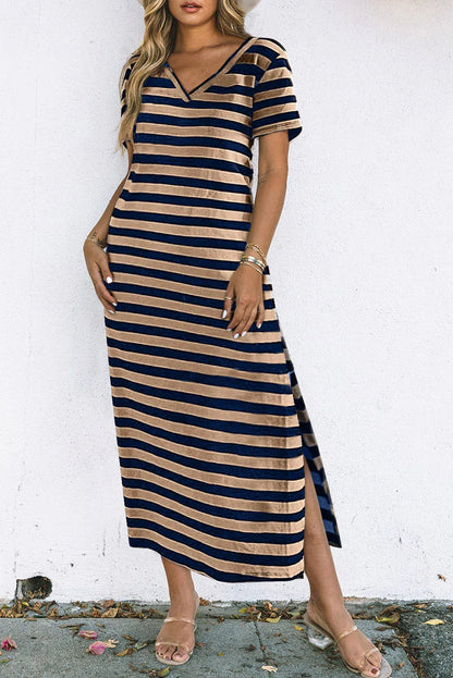 Black Stripe Print V Neck Maxi Dress with Side Splits - MarkoFit