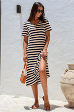 Black Stripe Print V Neck Maxi Dress with Side Splits - MarkoFit