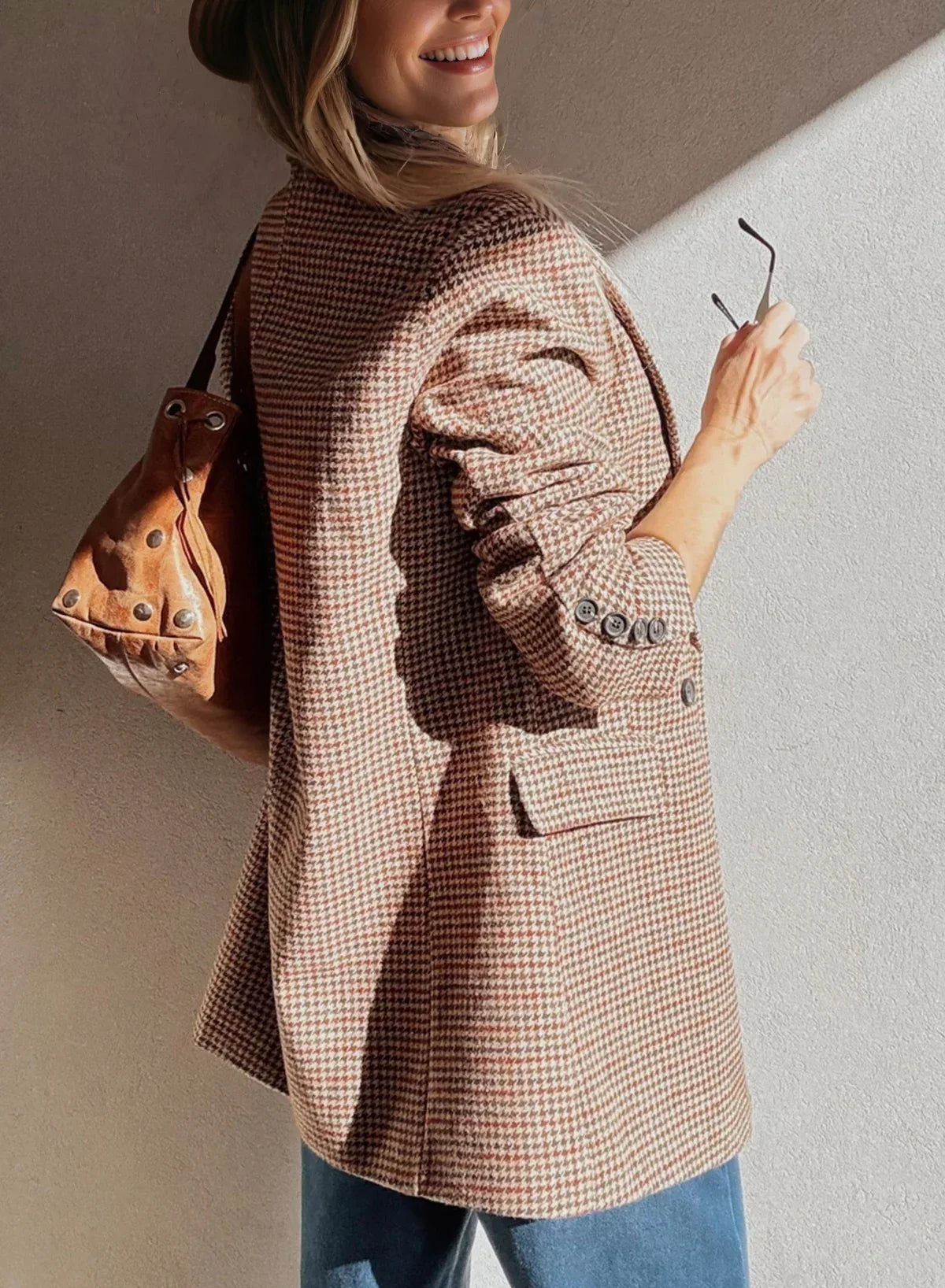 Brown Houndstooth Lapel Collar Blazer - MarkoFit