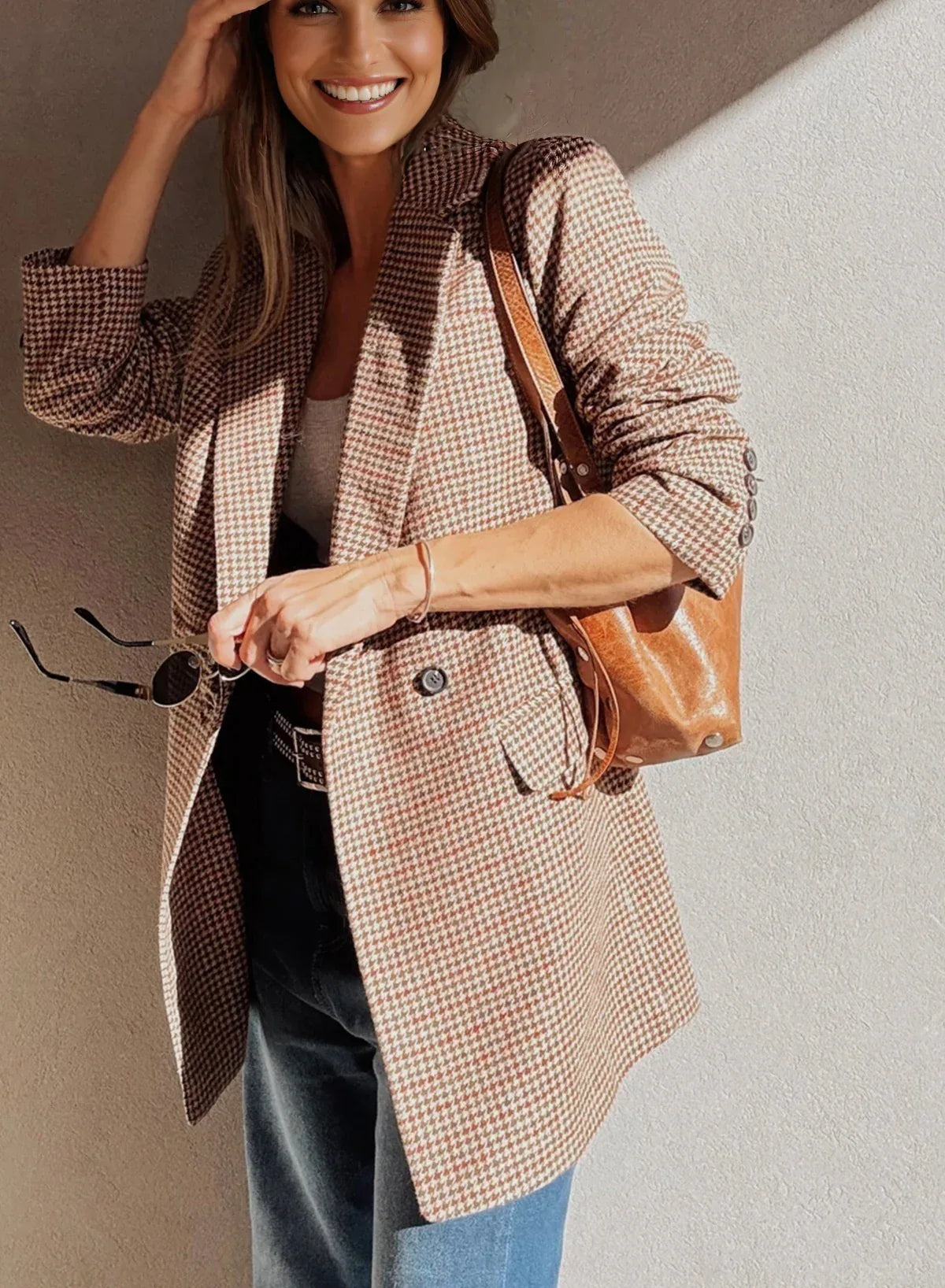 Brown Houndstooth Lapel Collar Blazer - MarkoFit