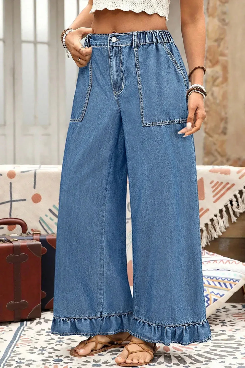 Ashleigh Blue Plus Size Elastic Waist Ruffled Wide Leg Denim Pants - MarkoFit