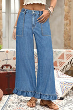 Ashleigh Blue Plus Size Elastic Waist Ruffled Wide Leg Denim Pants - MarkoFit