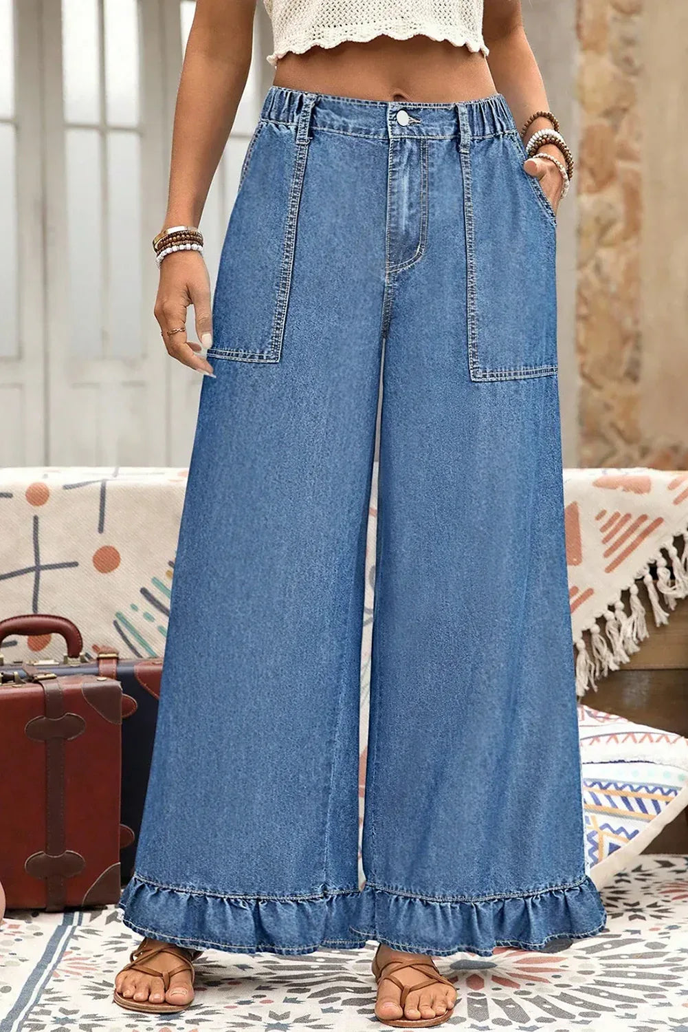 Ashleigh Blue Plus Size Elastic Waist Ruffled Wide Leg Denim Pants - MarkoFit