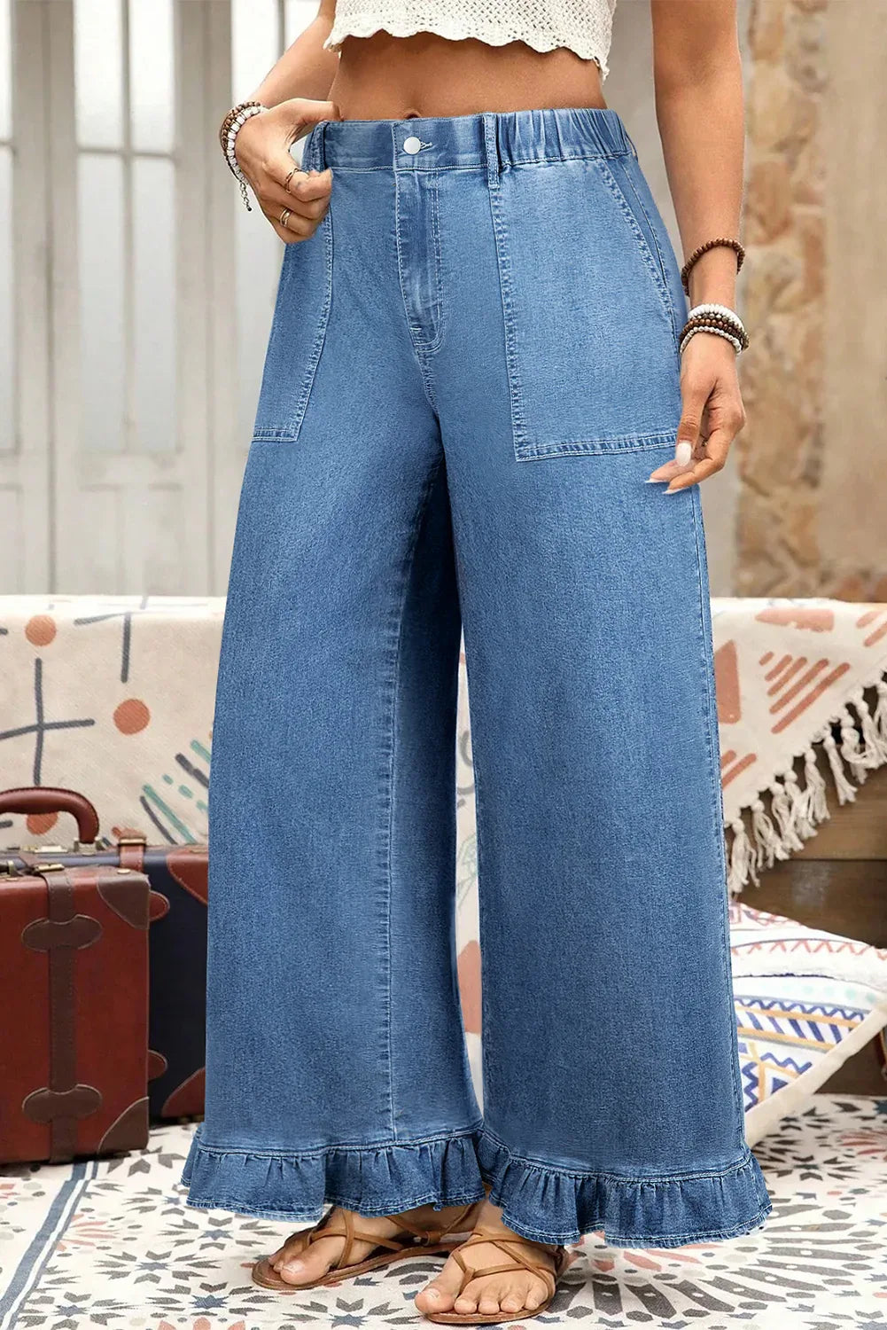 Ashleigh Blue Plus Size Elastic Waist Ruffled Wide Leg Denim Pants - MarkoFit