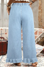 Beau Blue Plus Size Elastic Waist Ruffled Wide Leg Denim Pants - MarkoFit
