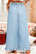 Beau Blue Plus Size Elastic Waist Ruffled Wide Leg Denim Pants - MarkoFit