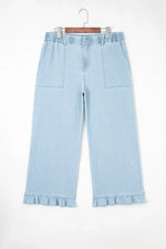 Beau Blue Plus Size Elastic Waist Ruffled Wide Leg Denim Pants - MarkoFit