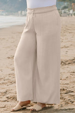 Beige Smocked High Waist Wide Leg Plus Size Pants - MarkoFit