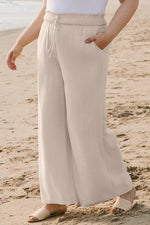 Beige Smocked High Waist Wide Leg Plus Size Pants - MarkoFit