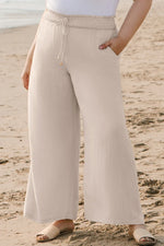 Beige Smocked High Waist Wide Leg Plus Size Pants - MarkoFit