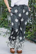 Black Plus Size Geometric Ethnic Print Drawstring Wide Leg Pants - MarkoFit